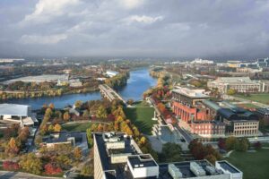 High angle aerial view of Indianapolis and the White River park