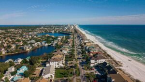 aerial view of beach and houses